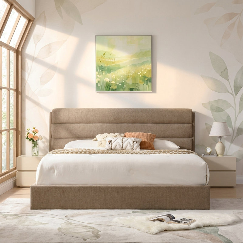 Lit plateforme tapissier avec rangement relevable, Très grand, Marron clair