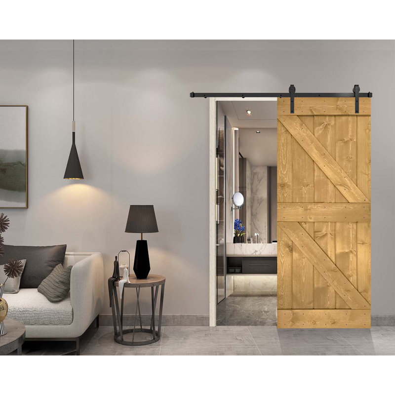 Porte de grange coulissante en bois de pin avec trousse de quincaillerie d'installation, 20 po x 84 po, Chêne doré