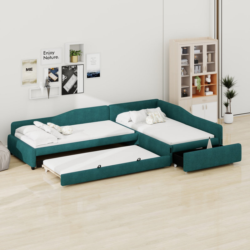 Upholstered Double Daybed With Trundle And Drawer, Green