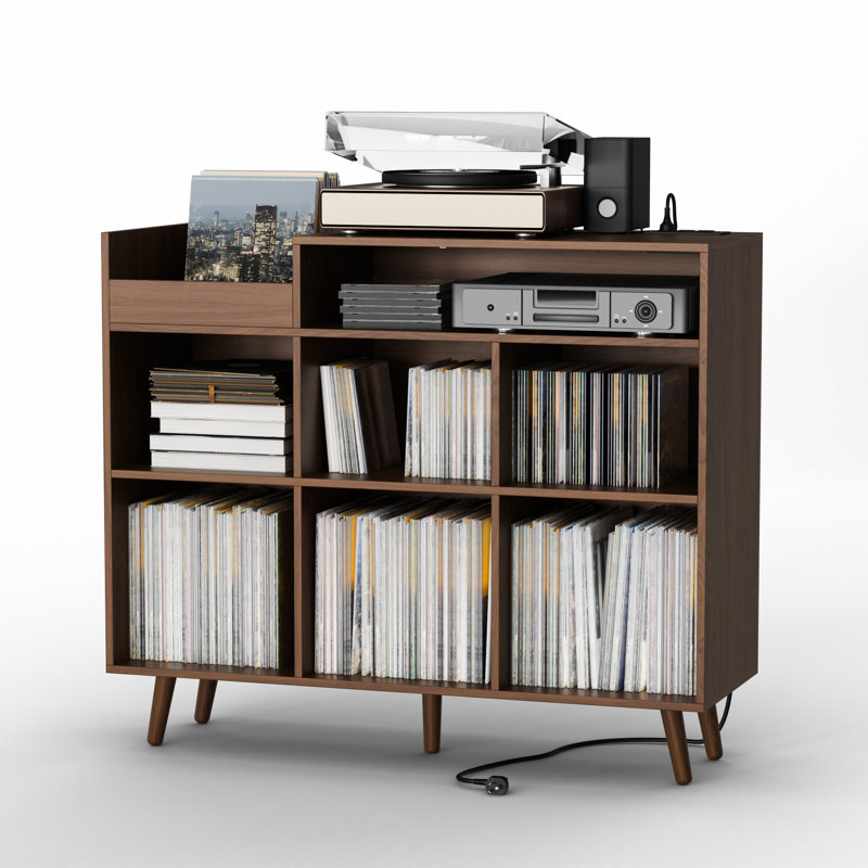 Meher 45" W Vinyl Record Storage Cabinet with Charging Station, Adjustable Open Shelves, Brown