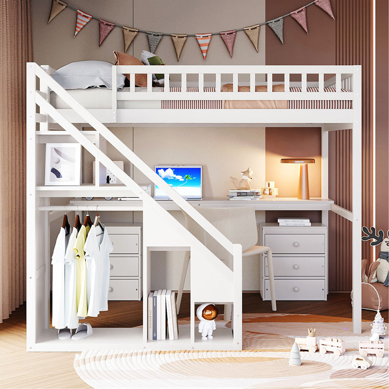 Lit mezzanine double avec commode, bureau et bande lumineuse, blanc, Blanc, Double