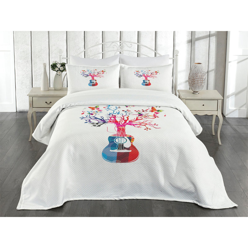 Ambesonne Guitar Bedspread Set Tree Butterflies Multicolor, King Bedspread + 2 Standard Shams