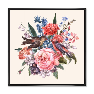 «Floral Bouquet With Roses Hyacinths And Birds», reproduction d'art sur toile traditionnelle