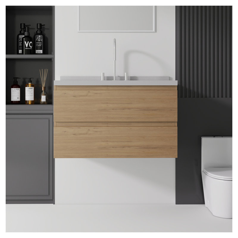 Meuble-lavabo flottant en chêne 36 po avec lavabo intégré, plateau et dosseret en marbre de culture, portes à fermeture en douceur