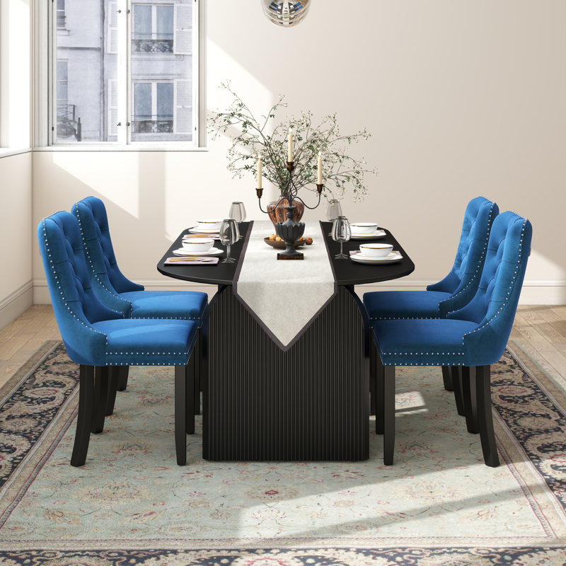 Ensemble de salle à manger Mid-Century, Noir, 5 pièces: table, 4 chaises, Bleu