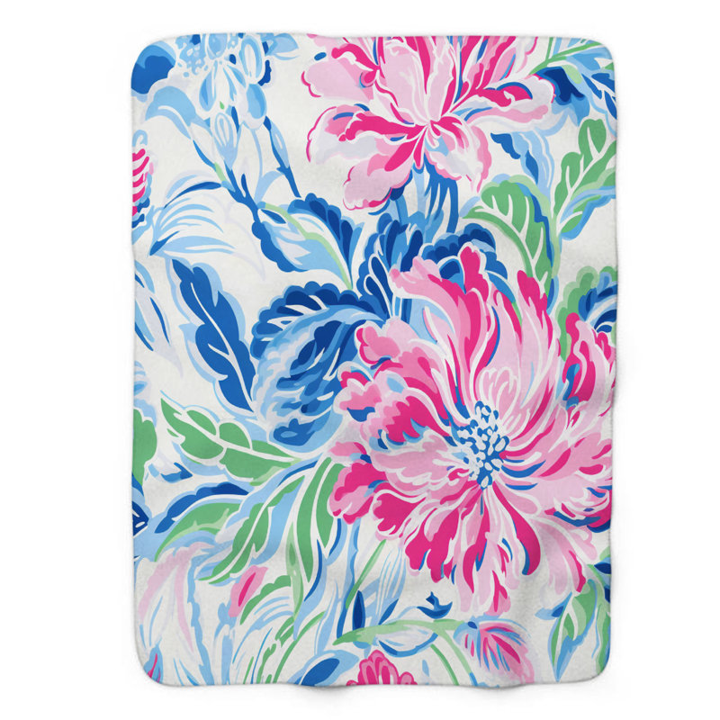 Motif de balise maritime - 1 pièce Sherpa Premium, L 60 po x L 80 po, Élégantes fleurs roses et bleues