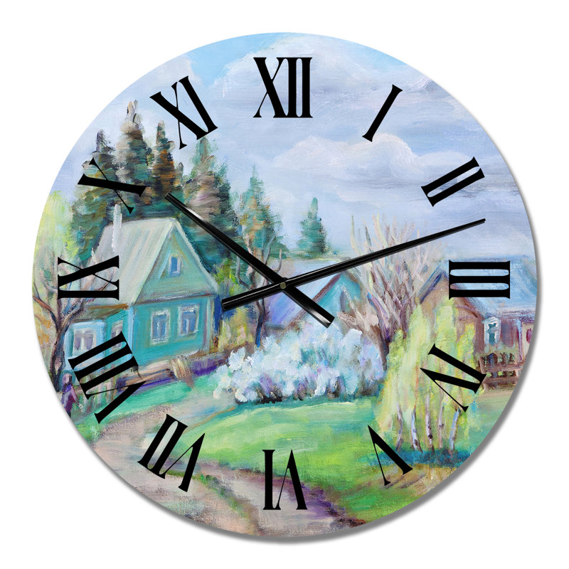 Paysage de printemps avec petites maisons dans le village - horloge murale, Petit