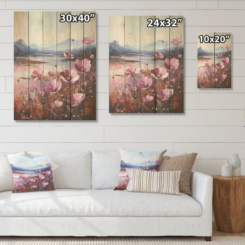 Fuschia, fleurs au bord du lac I - Fleurs, art mural sur bois de pin naturel, H 32 po x l 24 po
