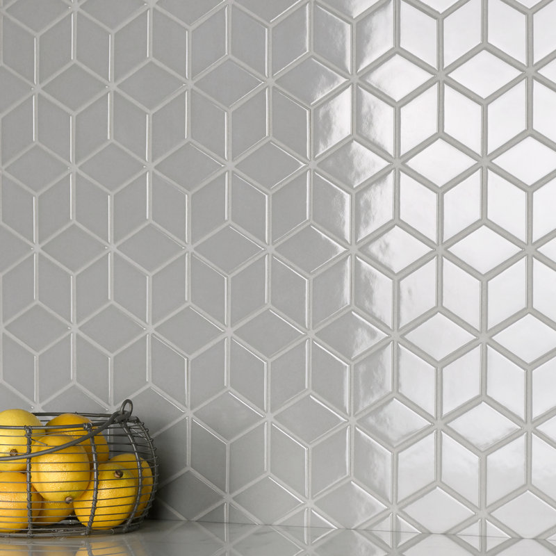 Metro Rhombus 10-1/2 " x 12-1/8 " Porcelain Mosaic Floor & Wall Tile, Glossy Light Gray