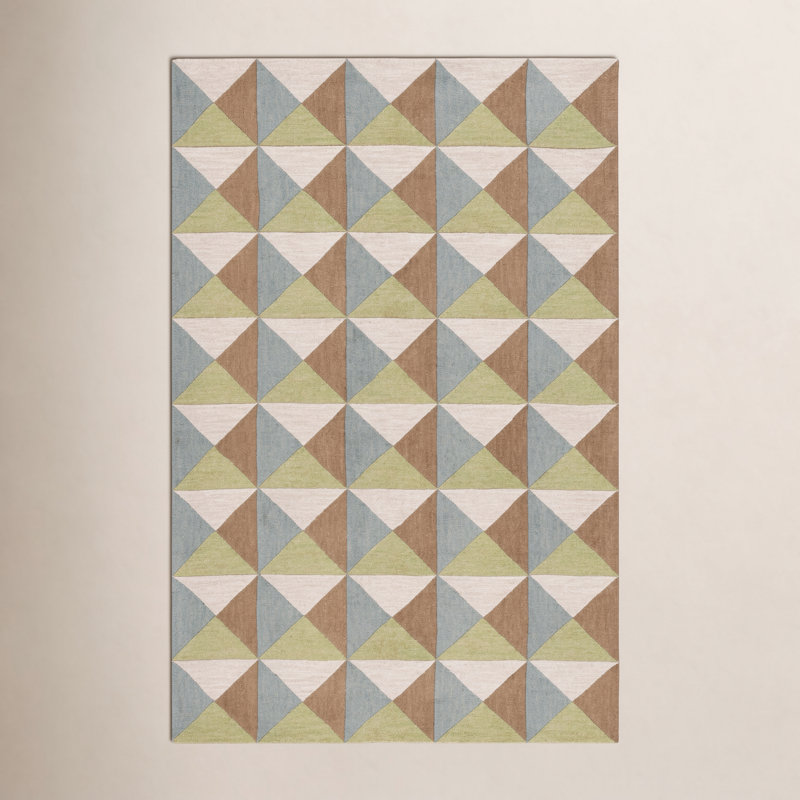Tapis beige / vert en laine / coton touffeté à la main à motif géométrique Glenwood, Rectangulaire 3 pi x 5 pi
