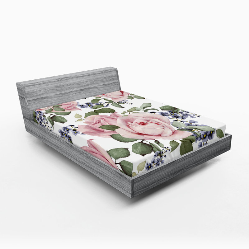 Drap-housse orange Ambesonne, Drap-housse de taille double, Rose pâle / vert / bleu / floral gris-bleu