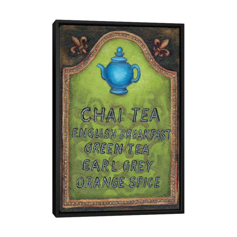 « tea », art textuel sur toile tendue, H 26 po x l 18 po x P 1,5 po, Toile avec cadre noir, Pas de tapis