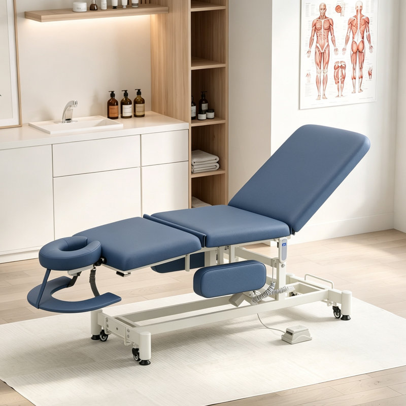 Table de massage électrique bleue à levage assisté avec inclinaison hydraulique et accoudoirs pliables - Appui-tête réglable avec support pour les bras, roulettes verrouillables, télécommande et pédale