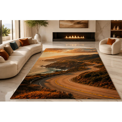 Tapis à enroulement de 6 pi 7 po x 9 pi 10 po «Ultra Léger» pour salon, chambre à coucher et bureau à domicile, tapis doux à poils courts avec envers en silicone antidérapant, ambre et bleu