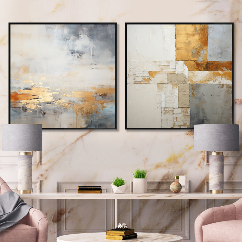 Minimalisme beige et doré vague horizon I - collages abstraits carrés, ensemble de 2 collages, Cadre flottant noir
