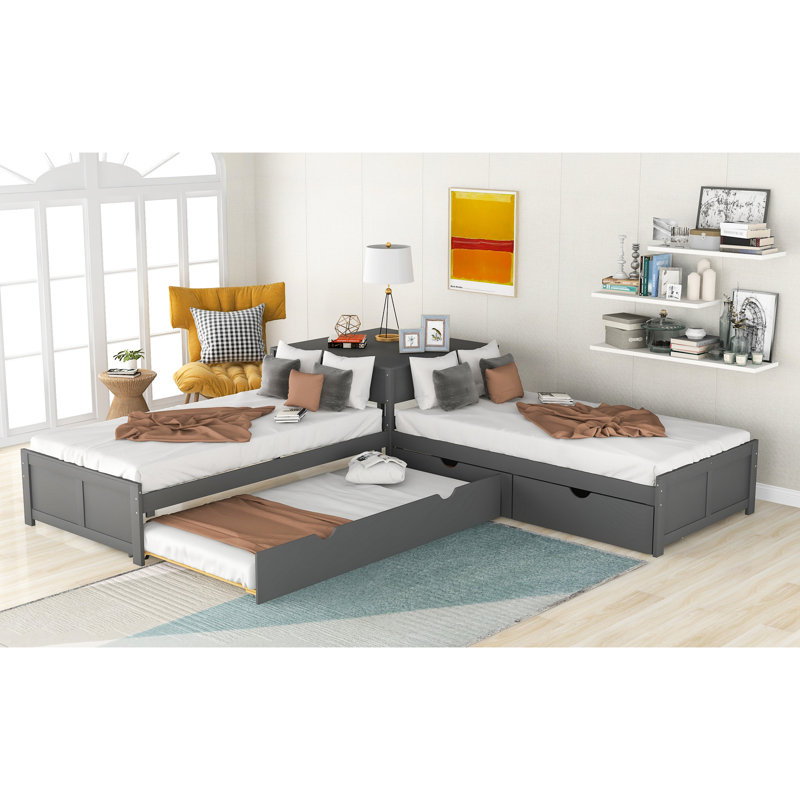 L-Shaped Platform Bed With Trundle, Drawers, And Built-In Desk, Twin, Gray - Pine Wood Construction For Bedroom Bed, Equipped Stylish Desk