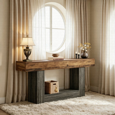 Table console en bois de 63 po, canapé de style campagnard avec tablette de rangement, table de couloir d'entrée à 2 niveaux pour le salon