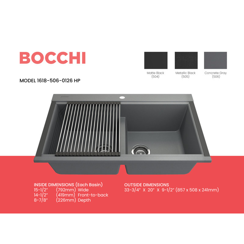 Baveno Lux 33.75'' L Dual-Mount Double Basin Kitchen Sink, Concrete Gray