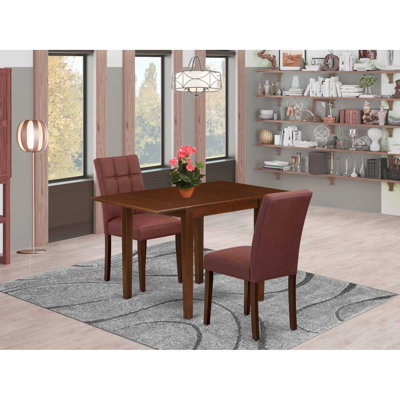 3 Piece Dinner Table Set Includes A Modern Kitchen Table and 2 Burgundy Polyester Fabric Parsons Chairs, Mahogany