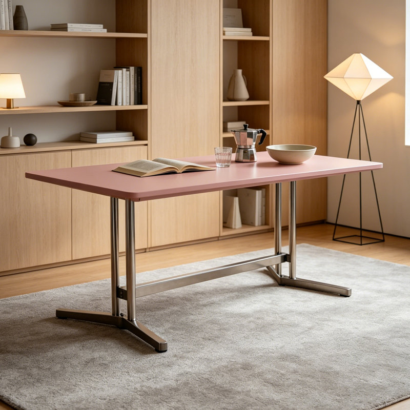 Bureau en bois massif rose en acier inoxydable, 29.52" H x 78.74" W x 31.49" D