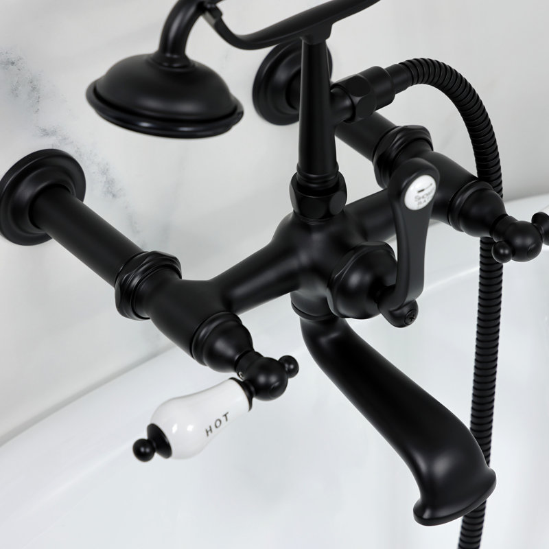 Kingston Brass Vintage Three-Handle 2-Hole Tub Wall Mount Clawfoot Tub Faucet with Hand Shower, Matte Black
