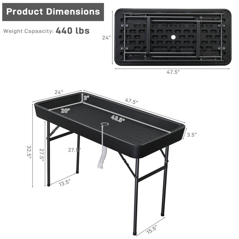 Portable Party 4 FT. Folding Ice Cooler Table with Removable Matching Skirt and Drain Hose, Black