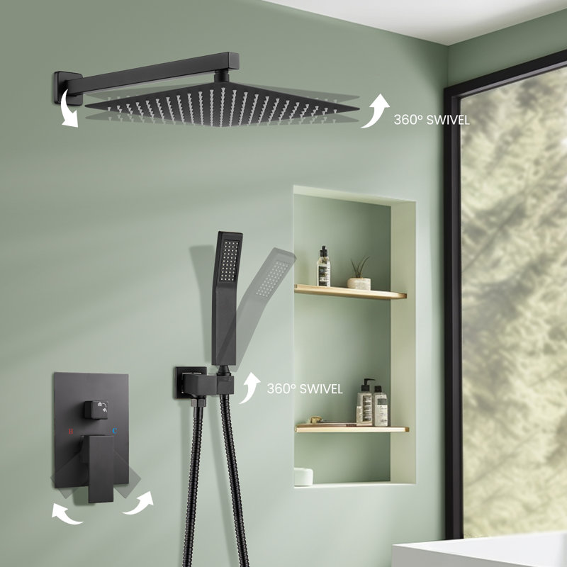 Système de douche complet avec valve brute et pomme de douche à pluie de 12 pouces, Noir