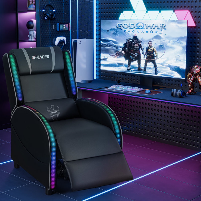 Faux Leather PC & Racing Game Chair with RGB LED Lights and Massage Lumbar Support, Black/Gray