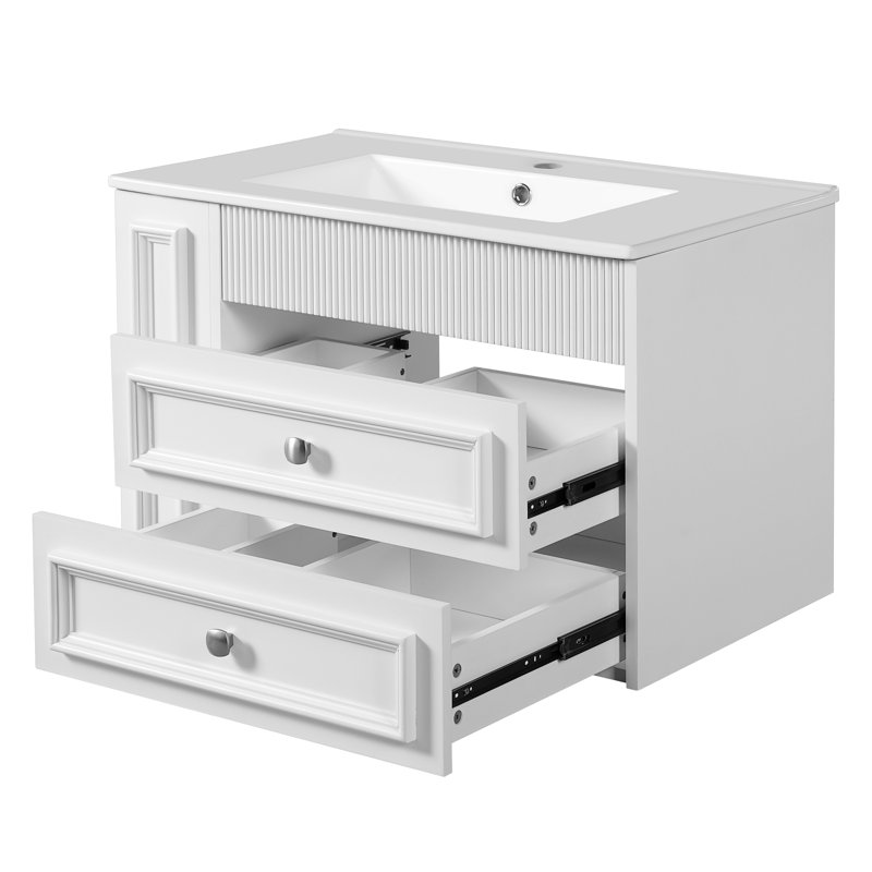 Meuble-lavabo mural de 30 po, armoire de rangement flottante avec 2 tiroirs, lavabo simple en céramique à 3 trous, armoire moderne.