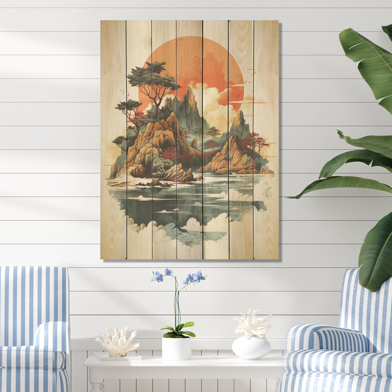 Paysage de lac japonais rétro II - motif côtier tropical sur bois, H 20 po x l 10 po