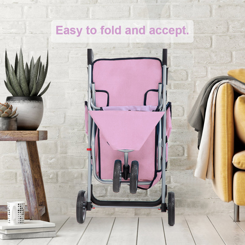 Pink 3-Wheel Folding Pet Stroller for Dogs and Cats