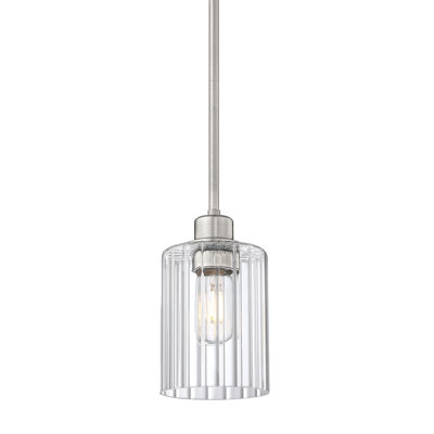 Mini-luminaire suspendu 1 lumière en nickel brossé avec abat-jour en verre nervuré transparent pour îlots de cuisine et bars | Abat-jour en verre de 4,75 po de diamètre