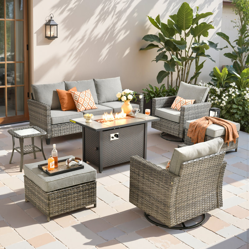 Allcot 5 - Person Wicker Outdoor Conversation Set, Patio Sofa Set with Fire Pit and Cushions, Gray