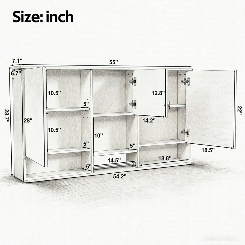 55" Wall-Mount 3-In-1 Mirror Cabinet With Adjustable Shelf, Soft-Close Hinges & High-Quality MDF