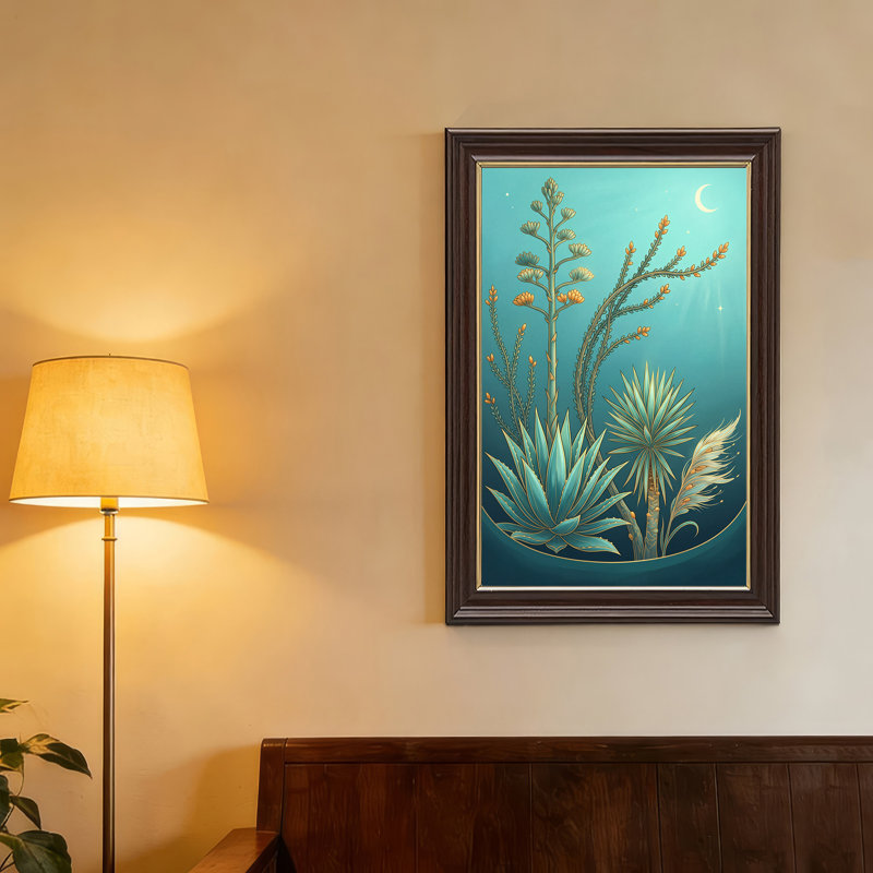 Toile agave sarcelle et yucca avec croissant de lune, art mural sur toile, 24"H x 16"W
