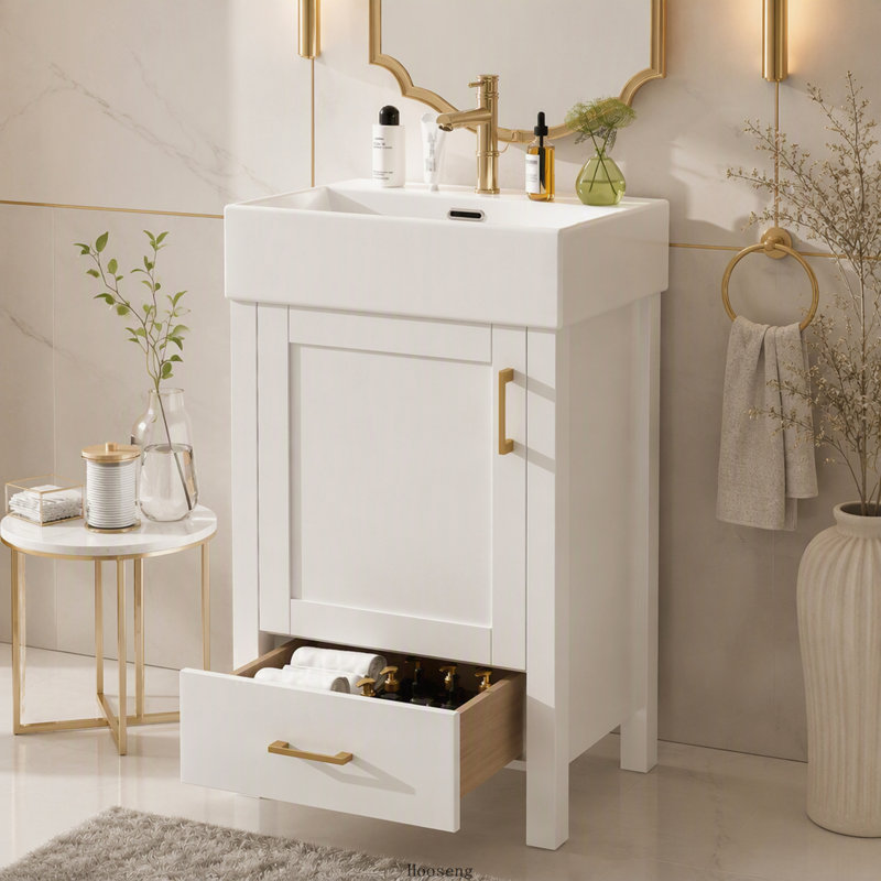 Meuble-lavabo moderne blanc de 51,4 cm (20,28 pouces) avec lavabo en céramique, structure et tiroir en bois massif, White