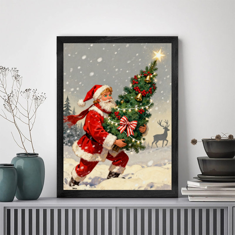 Art mural rétro noir avec père Noël et arbre de Noël, impressions de style rétro, H 17 po x l 13 po