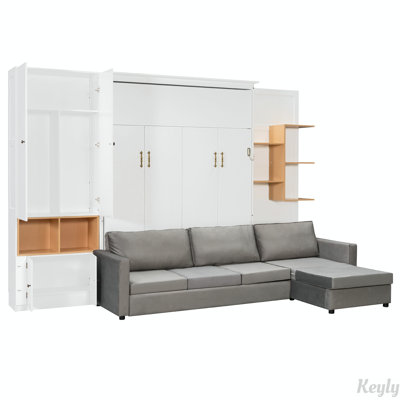 Queen Size Murphy Bed with Large Sofa, Storage Shelves & Cabinets, Modern Space-Saving Wall Bed