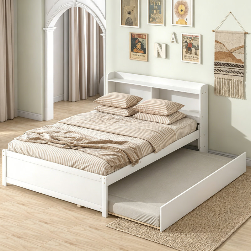 Lit double avec lit gigogne et tête de lit bibliothèque, parfait pour les solutions de rangement compactes et élégantes dans les chambres modernes