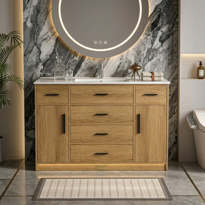 48" Bathroom Vanity with Resin Single Sink, Solid Wood Frame, Ample Storage, 2 Soft-Close Doors and 6 Drawers, Light Oak