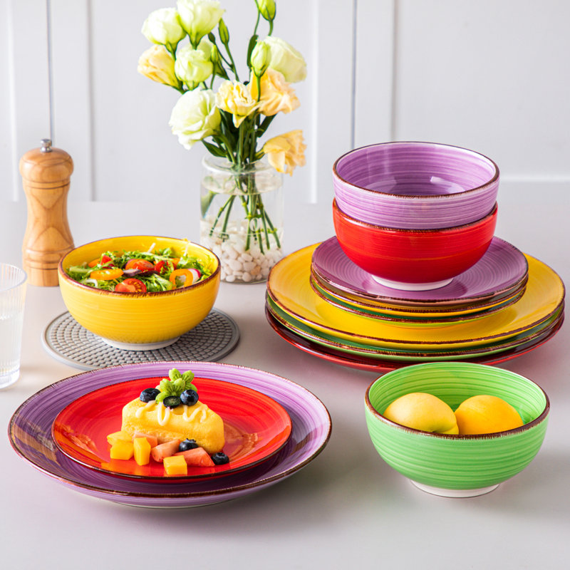 Dinnerware Set Stoneware 12 Pieces Service for 4, Purple/Red/Yellow