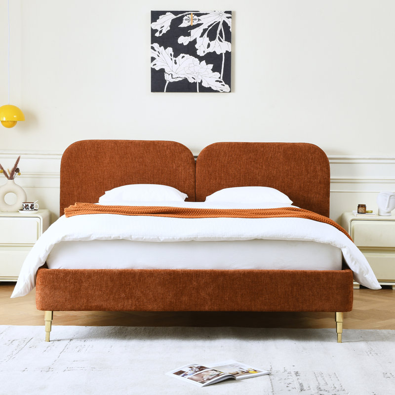 Lit plateforme tapissier avec dossier, Double, Ocre
