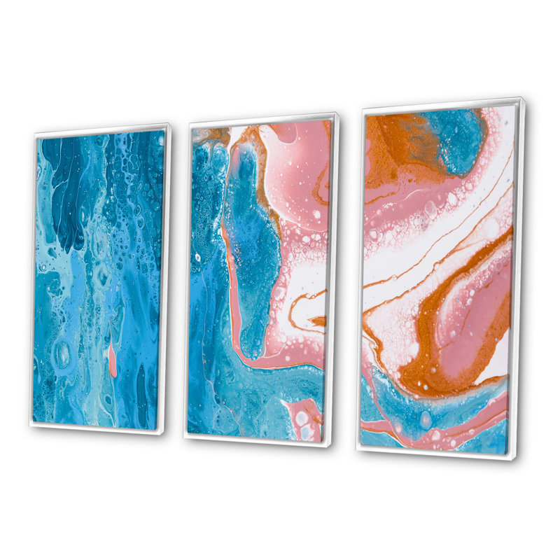Turquoise et rose, vagues de marbre I - ensemble de 3 peintures sur toile à cadre flottant, H 20 po x l 36 po x P 1 po