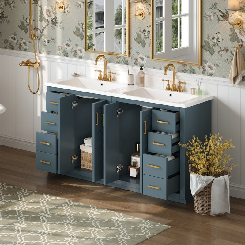 Ensemble de meuble-lavabo 60 po avec lavabo en céramique, armoire de rangement en bois massif, ensemble de meuble-lavabo autoportant avec 3 tiroirs et portes à fermeture douce