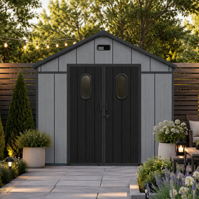 Remise de rangement extérieure en résine 8 po x 12 pi avec plancher, remise de jardin en plastique, bâtiment de rangement extérieur résistant aux intempéries pour outils, vélo, tondeuse à gazon, patio, cour arrière