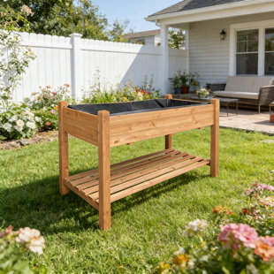 Elevated Wooden Raised Garden Bed with Storage Shelf & Liner