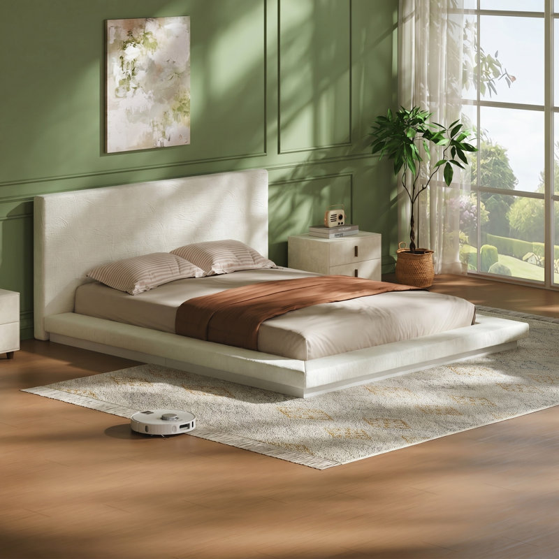 Cadre de lit flottant pour grand lit moderne avec tête de lit rembourrée, base de lattes en métal à profil bas, cadre rembourré anti-collision, aucun sommier requis pour la chambre à coucher