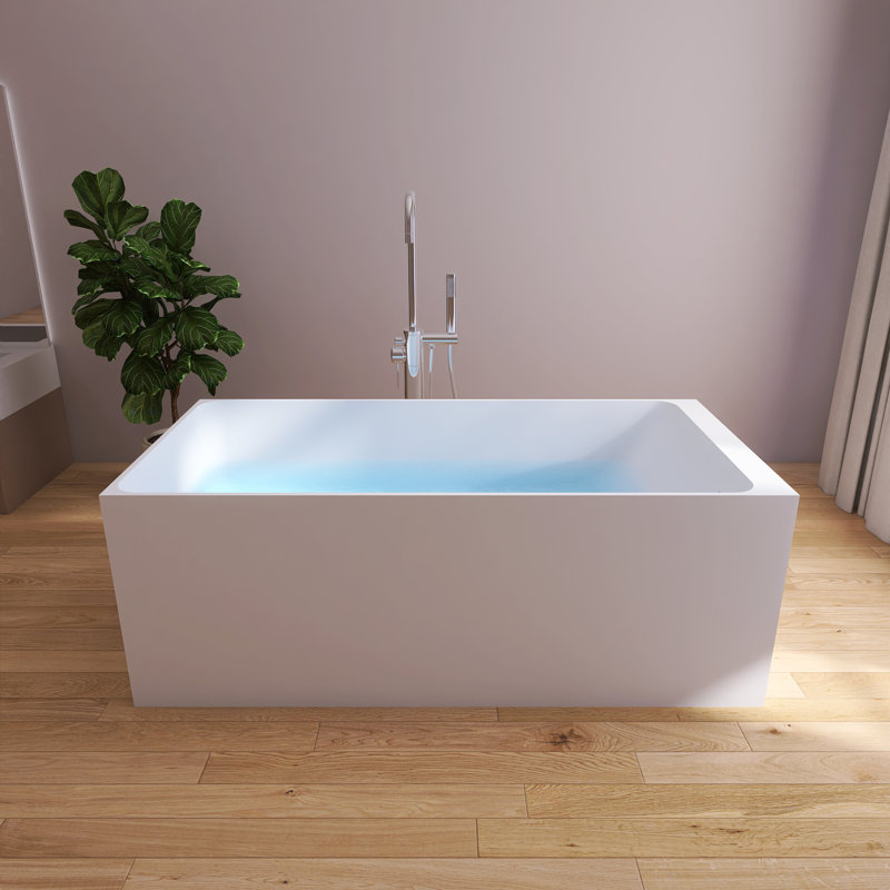 59" Freestanding Solid Surface Soaking Bathtub Thick Backrest Rectangle Tub In White
