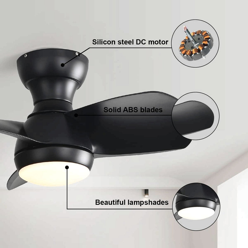 Bedroom Ceiling Fan With 3 Colour Dimmable, 3 Abs Blades Remote Control Dc Motor Black With 18W Led Light, Black, Black