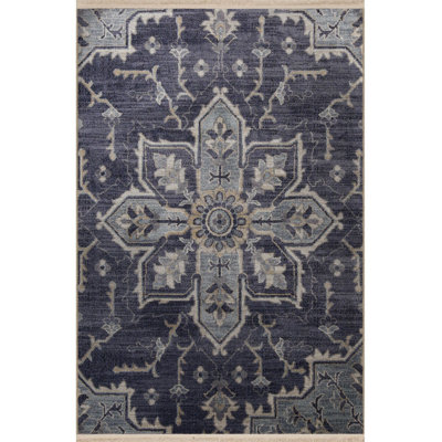 Dark Blue Themed Patterned Ethnic Floral Fringed Vintage Decorative Rug Machine Washable